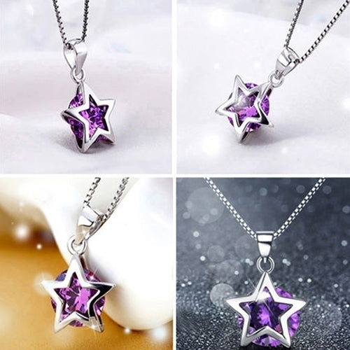 Women Silver Plated Cubic Zirconia Star Crystal Pendant Necklace Chain Image 7