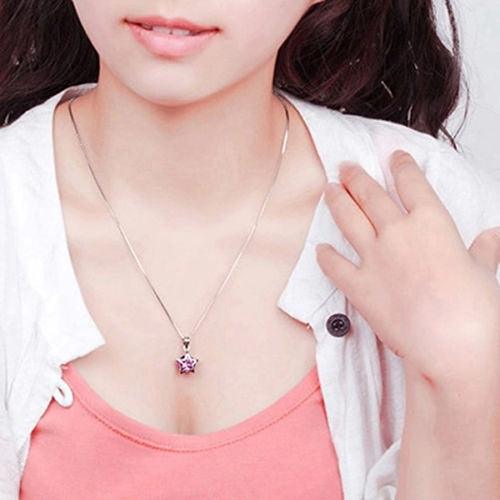 Women Silver Plated Cubic Zirconia Star Crystal Pendant Necklace Chain Image 8