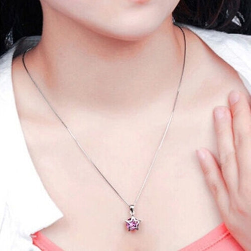 Women Silver Plated Cubic Zirconia Star Crystal Pendant Necklace Chain Image 9