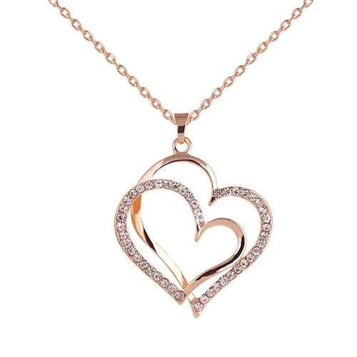 Womens Romantic Double Love Heart Rhinestone Choker Chain Necklace Jewelry Gift Image 1