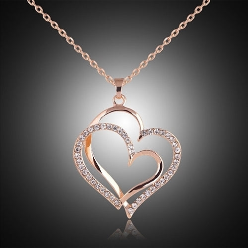 Womens Romantic Double Love Heart Rhinestone Choker Chain Necklace Jewelry Gift Image 2