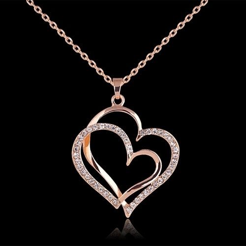 Womens Romantic Double Love Heart Rhinestone Choker Chain Necklace Jewelry Gift Image 3