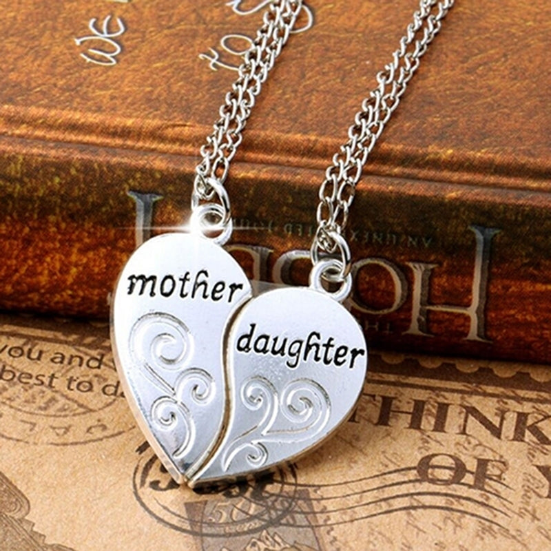 2 Pcs Silver Mom Mother and Daughter Love Heart Pendant Charm Chain Necklace Image 1