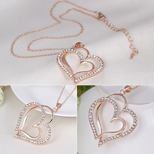 Womens Romantic Double Love Heart Rhinestone Choker Chain Necklace Jewelry Gift Image 4