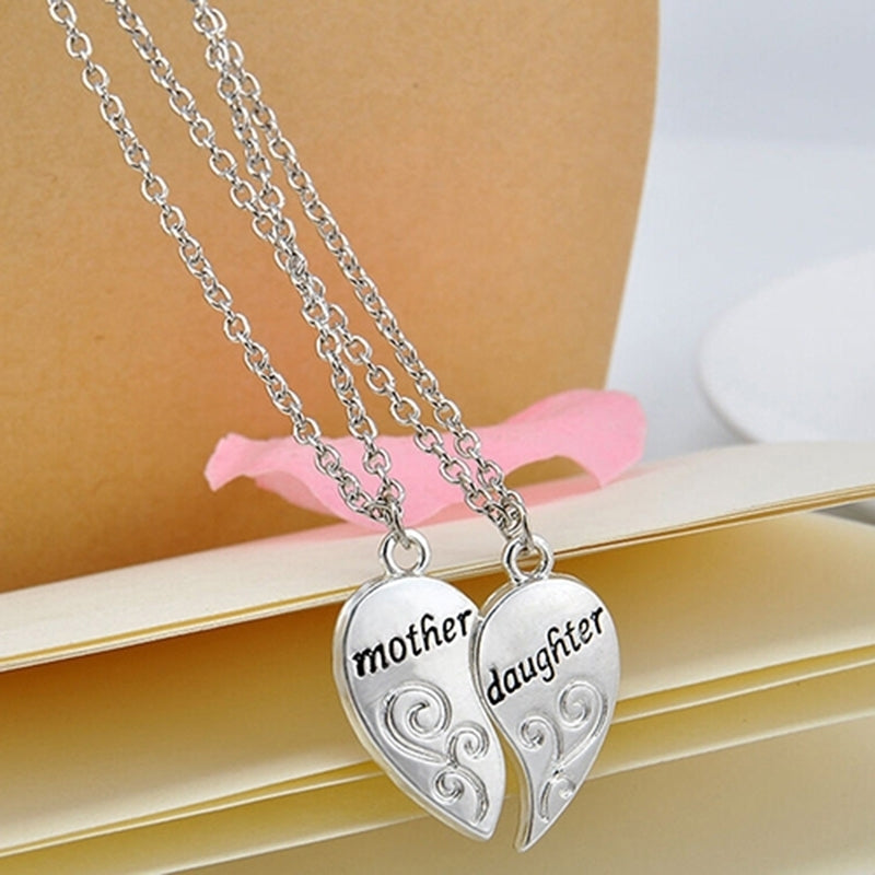 2 Pcs Silver Mom Mother and Daughter Love Heart Pendant Charm Chain Necklace Image 2