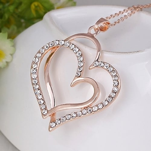 Womens Romantic Double Love Heart Rhinestone Choker Chain Necklace Jewelry Gift Image 4