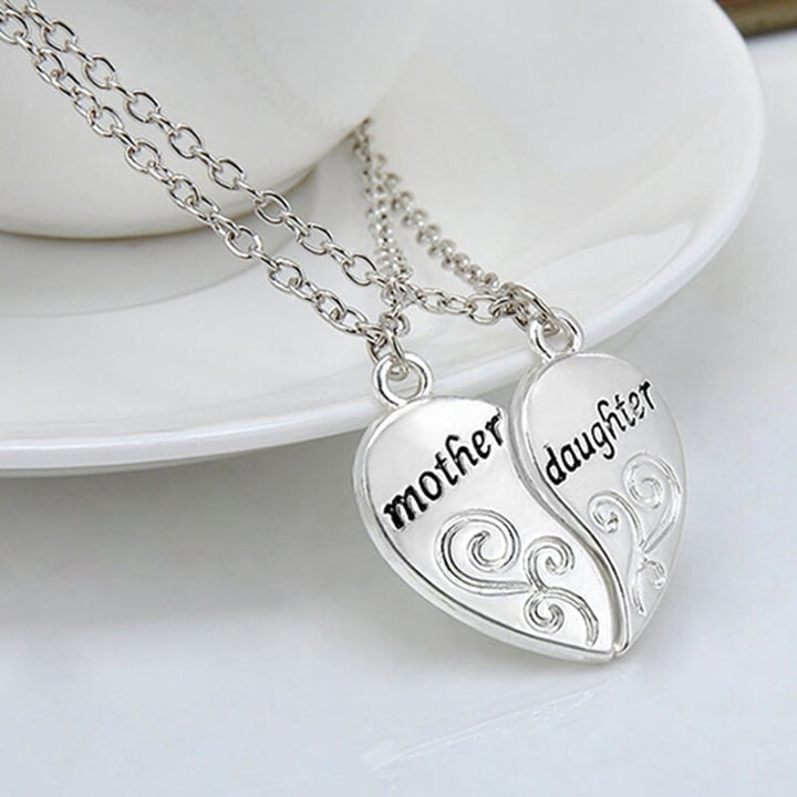 2 Pcs Silver Mom Mother and Daughter Love Heart Pendant Charm Chain Necklace Image 3