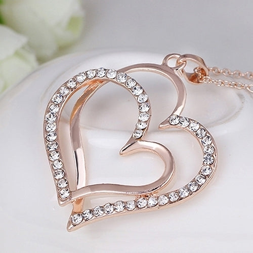 Womens Romantic Double Love Heart Rhinestone Choker Chain Necklace Jewelry Gift Image 6