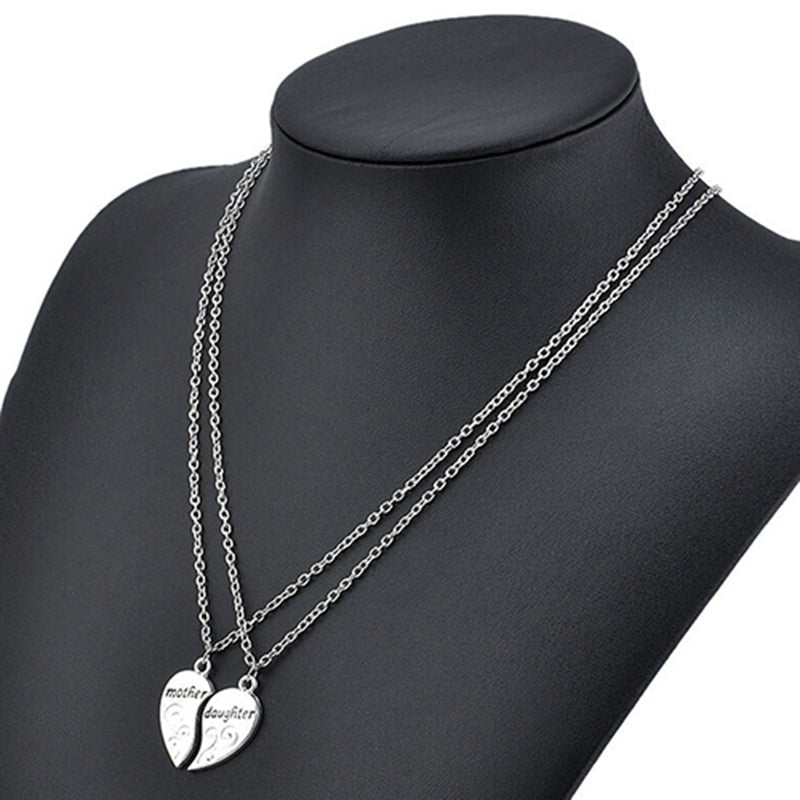 2 Pcs Silver Mom Mother and Daughter Love Heart Pendant Charm Chain Necklace Image 4