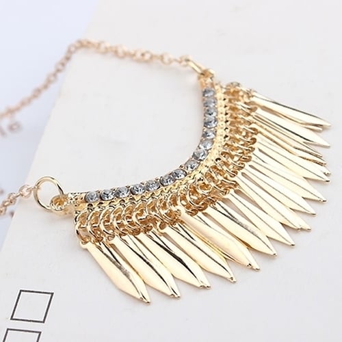 Womens Golden Color Tassels Pendent Rhinestone Choker Long Chain Party Necklace Image 3