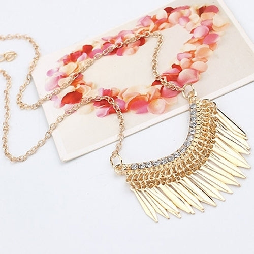 Womens Golden Color Tassels Pendent Rhinestone Choker Long Chain Party Necklace Image 4