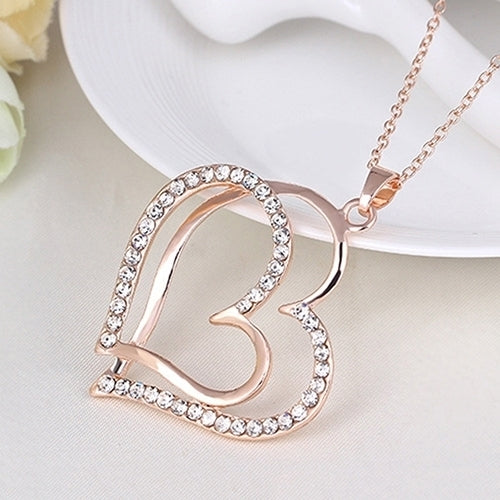 Womens Romantic Double Love Heart Rhinestone Choker Chain Necklace Jewelry Gift Image 9