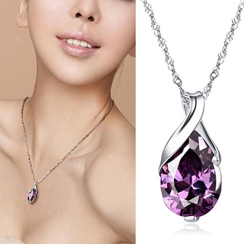 Womens Purple Zircon Teardrop Pendant Chain Choker Necklace Noble Jewelry Gift Image 2