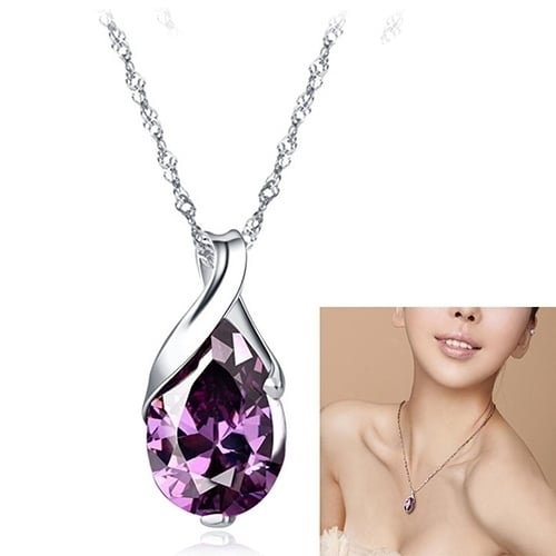 Womens Purple Zircon Teardrop Pendant Chain Choker Necklace Noble Jewelry Gift Image 3