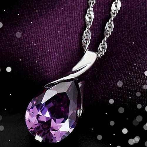 Womens Purple Zircon Teardrop Pendant Chain Choker Necklace Noble Jewelry Gift Image 4