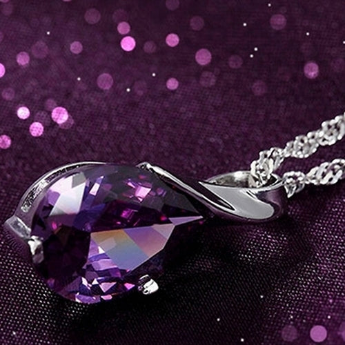 Womens Purple Zircon Teardrop Pendant Chain Choker Necklace Noble Jewelry Gift Image 4