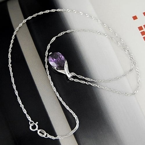 Womens Purple Zircon Teardrop Pendant Chain Choker Necklace Noble Jewelry Gift Image 7