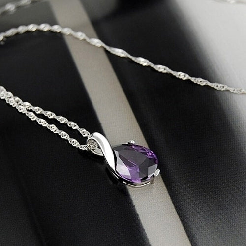 Womens Purple Zircon Teardrop Pendant Chain Choker Necklace Noble Jewelry Gift Image 8