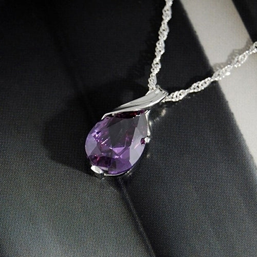 Womens Purple Zircon Teardrop Pendant Chain Choker Necklace Noble Jewelry Gift Image 9