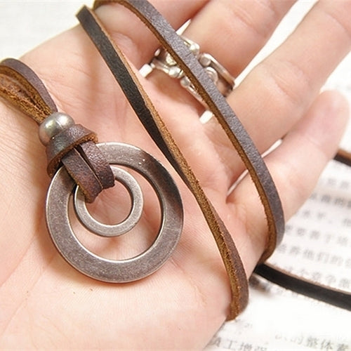 Mens Womens Brown Double Ring Pendant Adjustable Leather Cord Chain Necklace Image 1