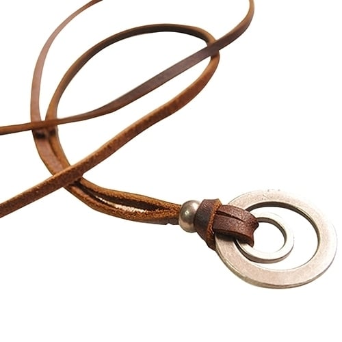 Mens Womens Brown Double Ring Pendant Adjustable Leather Cord Chain Necklace Image 4