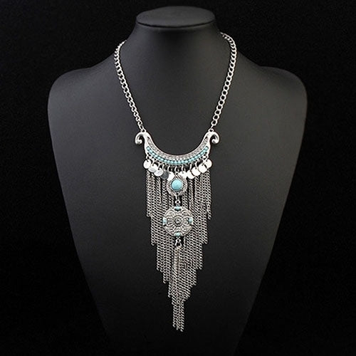 Boho Fashion Women Turquoise Multi Tassel Sequins Statement Pendant Necklace Image 1