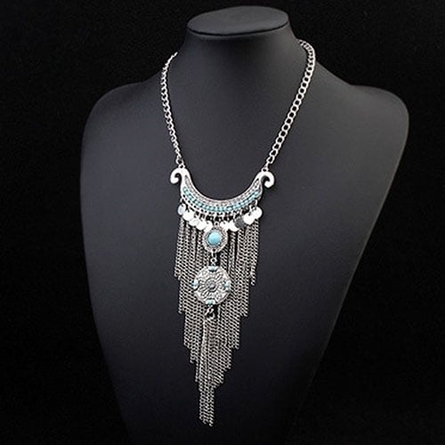 Boho Fashion Women Turquoise Multi Tassel Sequins Statement Pendant Necklace Image 2