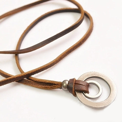 Mens Womens Brown Double Ring Pendant Adjustable Leather Cord Chain Necklace Image 7