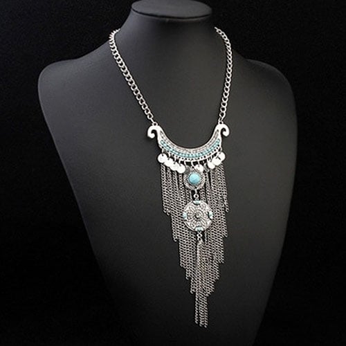 Boho Fashion Women Turquoise Multi Tassel Sequins Statement Pendant Necklace Image 3