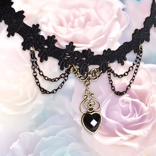 Women Black Lace Collar Choker Heart Shape Chain Dangle Pendant Necklace/Bracelet Image 1