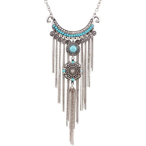 Boho Fashion Women Turquoise Multi Tassel Sequins Statement Pendant Necklace Image 4