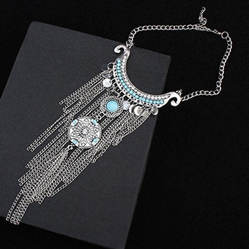 Boho Fashion Women Turquoise Multi Tassel Sequins Statement Pendant Necklace Image 4