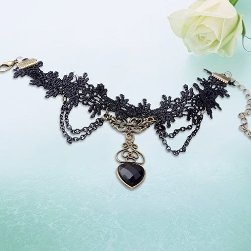 Women Black Lace Collar Choker Heart Shape Chain Dangle Pendant Necklace/Bracelet Image 3