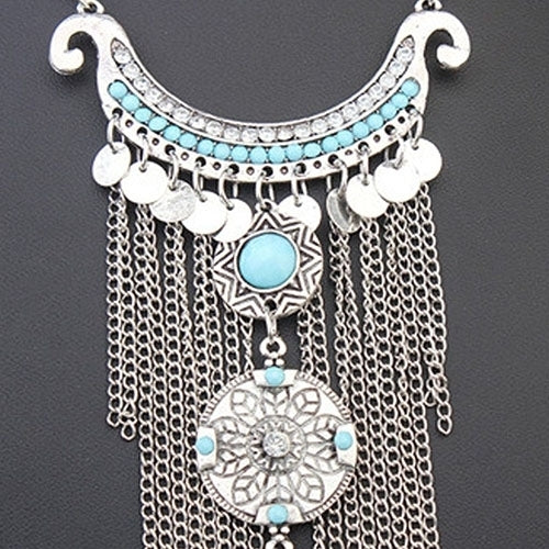 Boho Fashion Women Turquoise Multi Tassel Sequins Statement Pendant Necklace Image 7