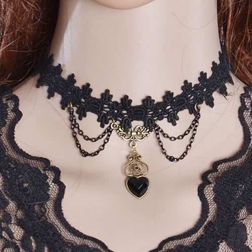 Women Black Lace Collar Choker Heart Shape Chain Dangle Pendant Necklace/Bracelet Image 4