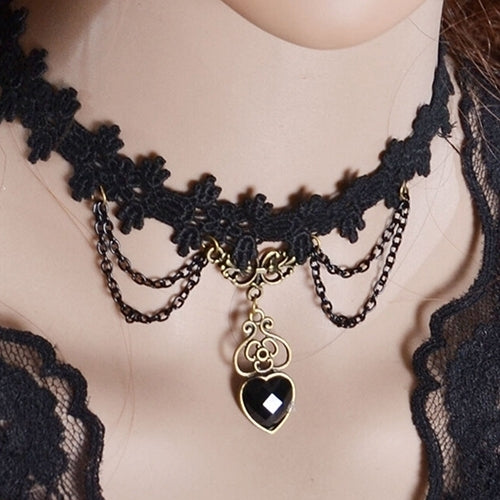 Women Black Lace Collar Choker Heart Shape Chain Dangle Pendant Necklace/Bracelet Image 4