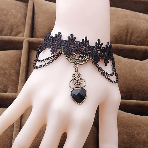 Women Black Lace Collar Choker Heart Shape Chain Dangle Pendant Necklace/Bracelet Image 7