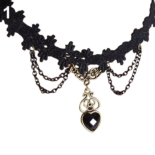 Women Black Lace Collar Choker Heart Shape Chain Dangle Pendant Necklace/Bracelet Image 9