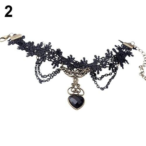 Women Black Lace Collar Choker Heart Shape Chain Dangle Pendant Necklace/Bracelet Image 10