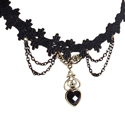 Women Black Lace Collar Choker Heart Shape Chain Dangle Pendant Necklace/Bracelet Image 11