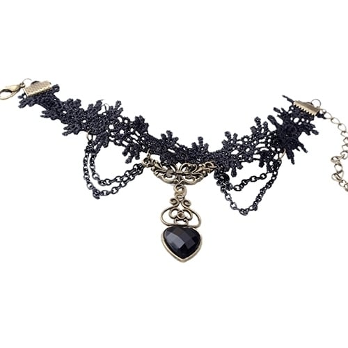 Women Black Lace Collar Choker Heart Shape Chain Dangle Pendant Necklace/Bracelet Image 12