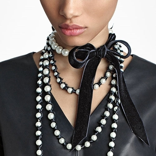 Women Bowknot Velvet Rope Faux Pearls Chokers Statement Necklace Collar Jewelry Image 3