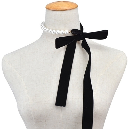 Women Bowknot Velvet Rope Faux Pearls Chokers Statement Necklace Collar Jewelry Image 4