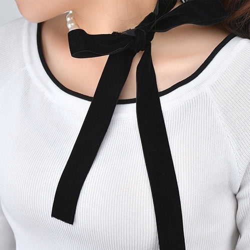 Women Bowknot Velvet Rope Faux Pearls Chokers Statement Necklace Collar Jewelry Image 4