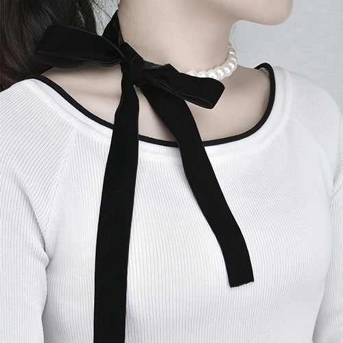 Women Bowknot Velvet Rope Faux Pearls Chokers Statement Necklace Collar Jewelry Image 6