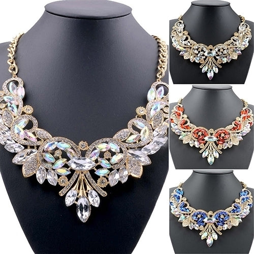 Colorful Rhinestone Flower Pendent Chain Choker Statement Collar Bib Necklace Image 2