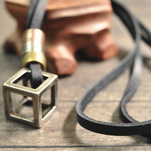 Mens Womens Punk Retro Style Leather Rope Hollow Cube Pendant Choker Necklace Image 1