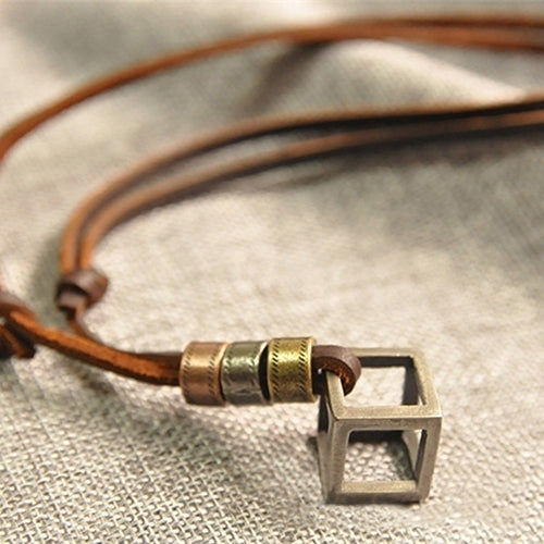 Mens Womens Punk Retro Style Leather Rope Hollow Cube Pendant Choker Necklace Image 2