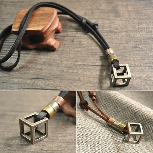 Mens Womens Punk Retro Style Leather Rope Hollow Cube Pendant Choker Necklace Image 4