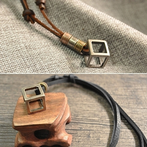 Mens Womens Punk Retro Style Leather Rope Hollow Cube Pendant Choker Necklace Image 6